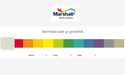 Marshall Boya Renk Paleti kategorisi için kullanılan görselde, Marshall'ın beyaz, kırmızı, turuncu, mavi, yeşil, sarı, menekşe ve toprak renk kataloğu var.