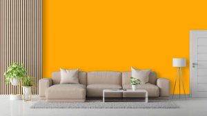 Bodrum kat boya renkleri için kullanılan görselde, hardal sarısı duvar boyasıyla boyalı bir oda var.