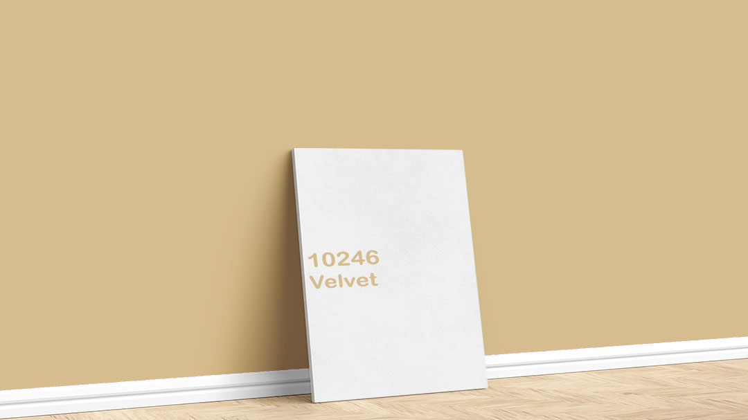 Jotun Sarı 10246 Velvet Boya Rengi. Jotun yumuşak sarı boya rengi için kullanılan görselde, 10246 Velvet adlı iç cephe boyasıyla boyalı bir duvar var.