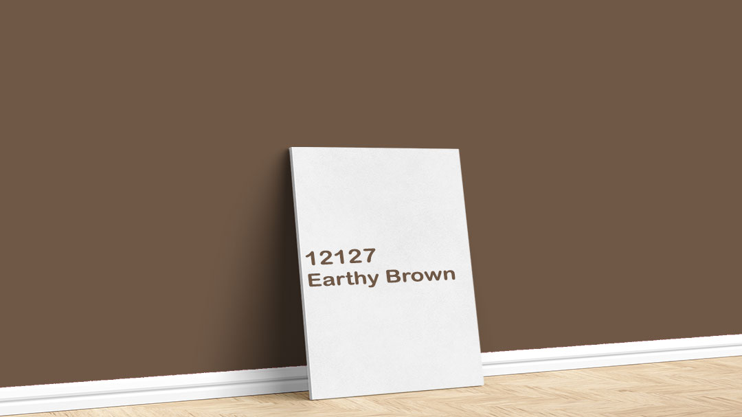 Jotun Koyu Kahverengi Boya Rengi – 12127 Earthy Brown. Jotun koyu altın kahverengi boya rengi için kullanılan görselde, 12127 Earthy Brown adlı iç cephe boyasıyla boyalı bir duvar var.