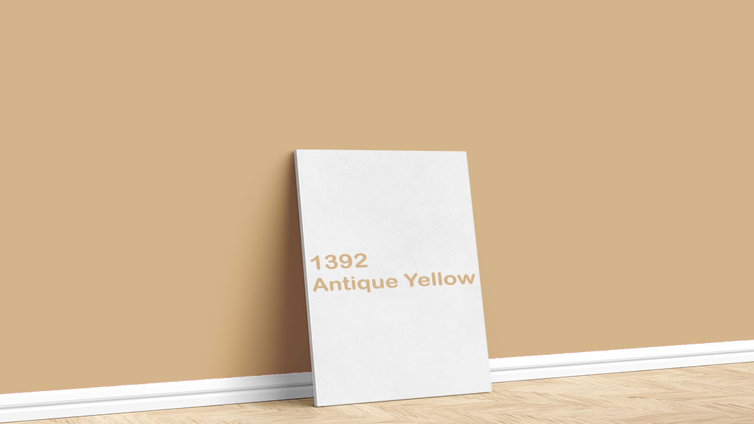 Jotun Sıcak Sarı Boya Rengi – 1392 Antique Yellow. Jotun sıcak sarı boya rengi için kullanılan görselde, 1392 Antique Yellow isimli iç cephe boyasıyla boyalı bir duvar var.