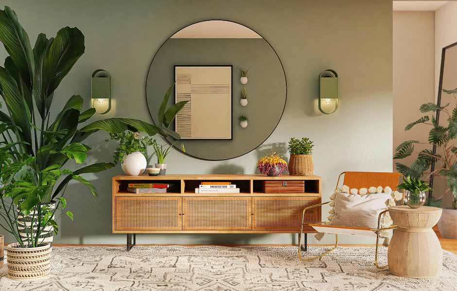 Görselde, yeşil boya ile boyanmış doğa dostu bir oturma odası var.