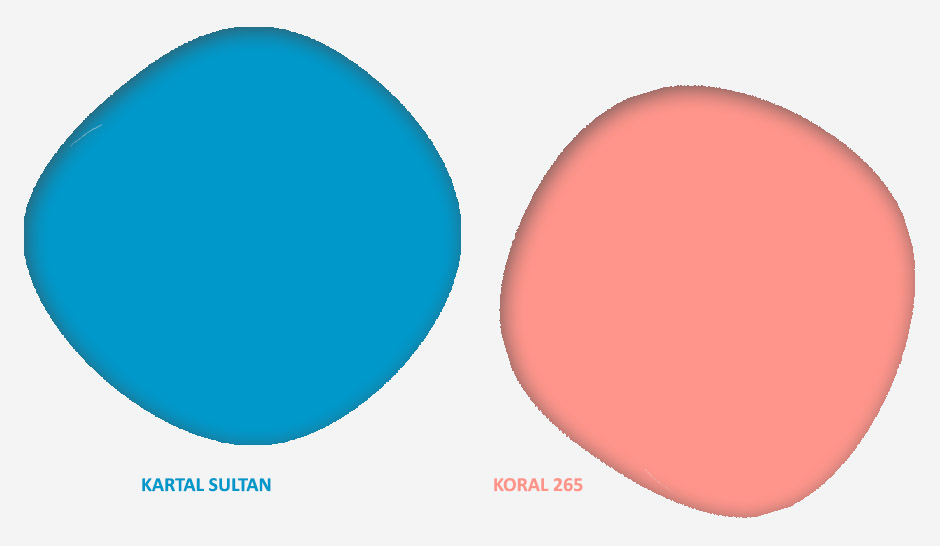 Görselde, Filli Boya Turkuaz katelasında bulunan Kartal Sultan ve Koral 265 renk tonları var.