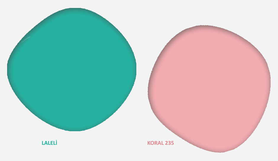 Görselde, Filli Boya Turkuaz Kartelasında bulunan laleli ve koral 235 renk tonları var.