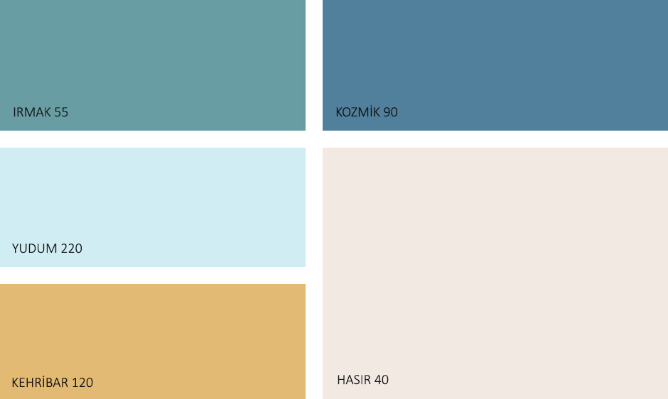 Görselde, Filli Boya 2020 renk trendleri içerisinde bulunan Öze Dönüş isimli palette ırmak 55, yudum 220, kehribar 120, kozmik 90 ve hasır 40 renk tonları var.