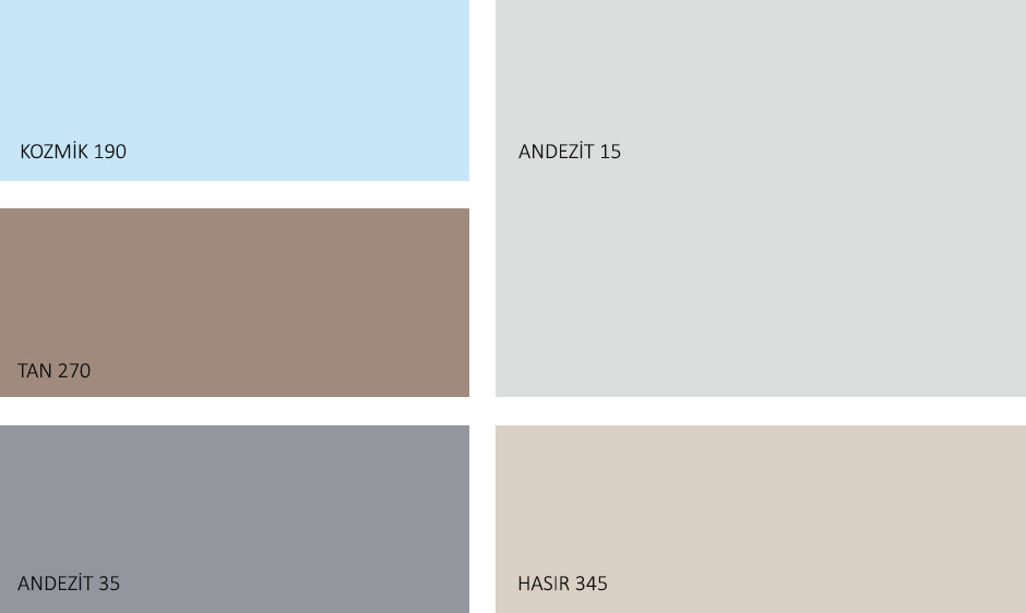 Görselde, Filli Boya 2020 renk trendleri içerisinde bulunan Yalın isimli palette kozmik 190, andezit 15, tan 20, andezit 35 ve hasır 345 renk tonları var.