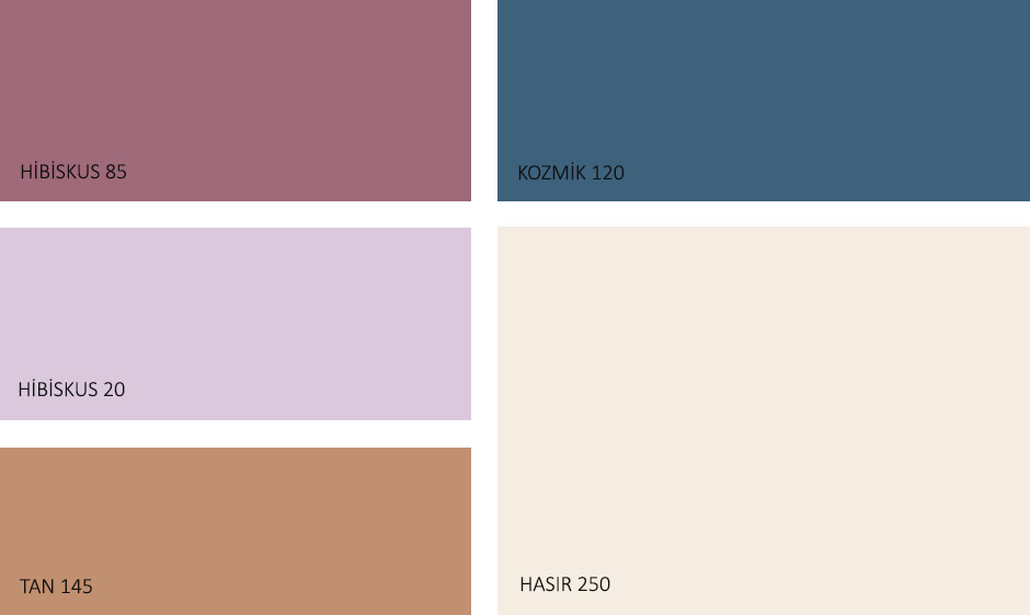Görselde, Filli Boya 2020 renk trendleri içerisinde bulunan Yaşam Kaynağı isimli palette hibisküs 85, kozmik 120, hibisküs 20, tan 145 ve hasır 250 renk tonları var.
