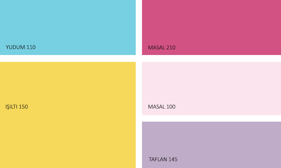 Görselde, Filli Boya 2020 renk trendleri içerisinde bulunan Zamanın Ruhu isimli palette Yudum 110, Işıltı 150, Masal 210, Masal 100 ve Taflan 145 renk tonları var.