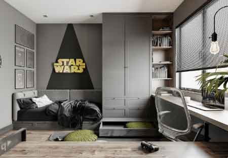 Görselde, Star Wars temalı gri duvarlara sahip modern bir genç erkek odası var.