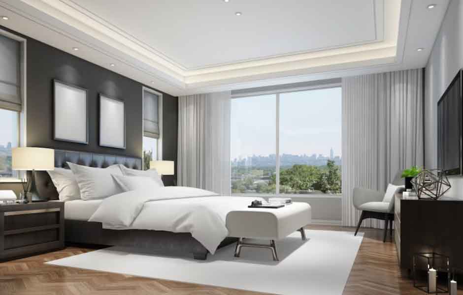 Yatak odası duvar boyası renkleri konusu için kullandığımız görselde, bir duvarı gece siyahı renginde olan çekici bir oda var.