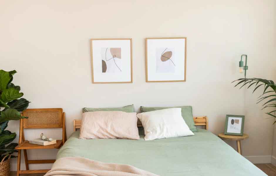 Görselde, pastel pembe rengi duvarlara sahip ferah bir yatak odası var.