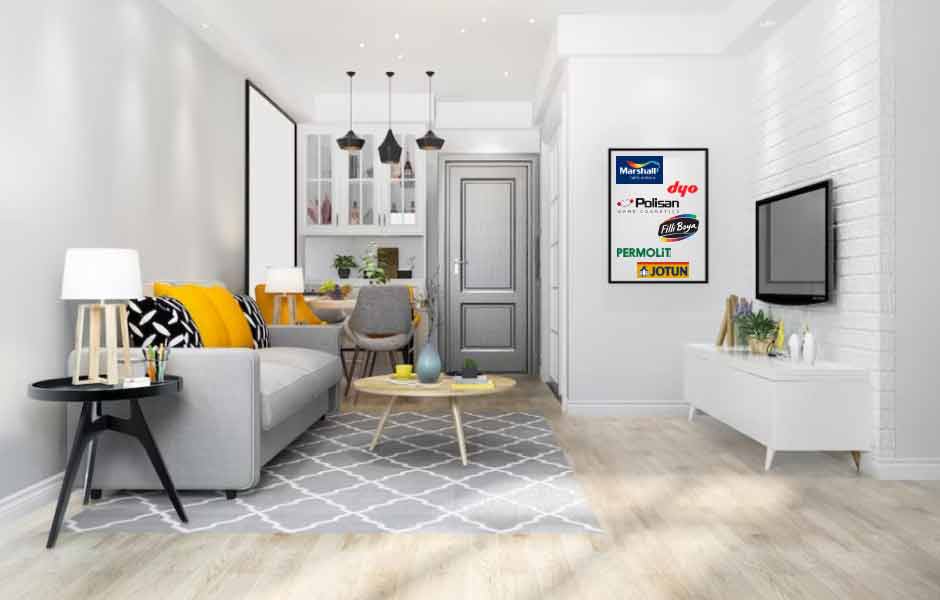 Görselde, nötr boya rengiyle boyanmış bir salonun duvarındaki tabloda, boya markalarının logoları var.