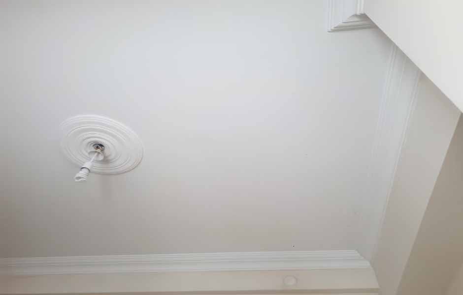 Görseldeki salonda, mat beyaz renge boyanmış bir tavan var.