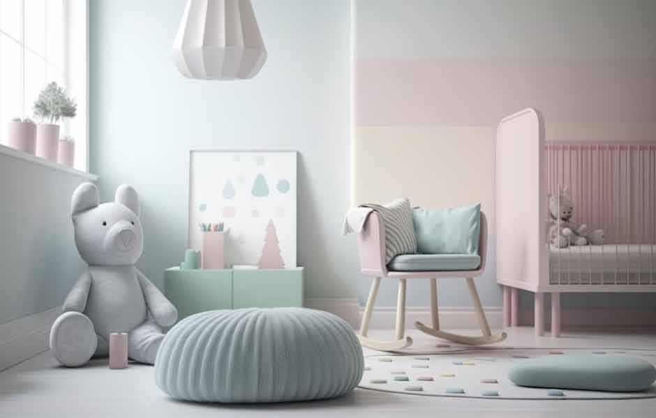 Çocuk odası rengi nasıl olmalı konusu için kullandığımız görselde, pastel mavi, pembe ve gri renklerle boyalı bir iç mekan duvarı var.