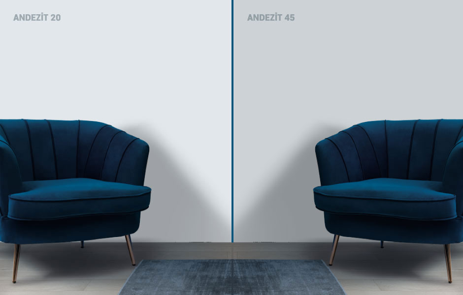 Filli boya mavimsi gri için kullanılan görselde, duvarları Andezit 20 ve Andezit 45 boya renkleri ile boyanmış modern oturma odalarından oluşan bir kolaj var.