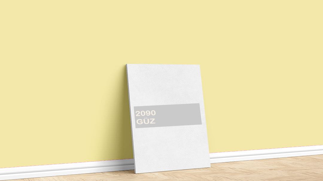 Görselde, Dyo Sarı / Hardal iç cephe renk kartelasında bulunan 2090 Güz isimli açık boya rengi ile boyadığımız bir duvar var.