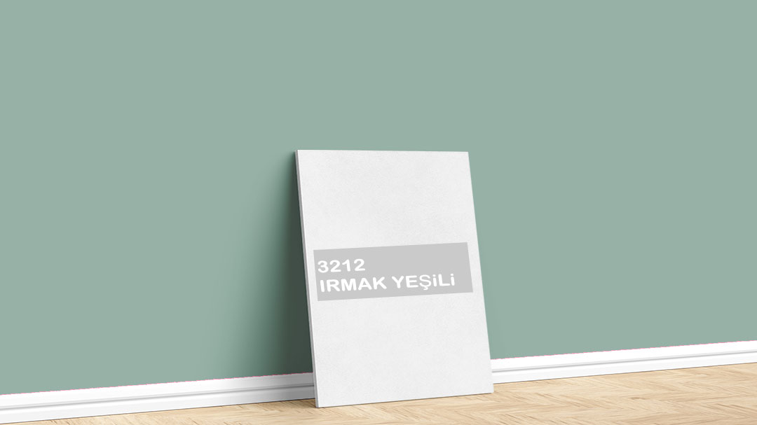 Görselde, Dyo Yeşil / Haki iç cephe renk kartelasında bulunan 3212 Irmak Yeşili isimli boya tonuyla boyadığımız bir duvar var.