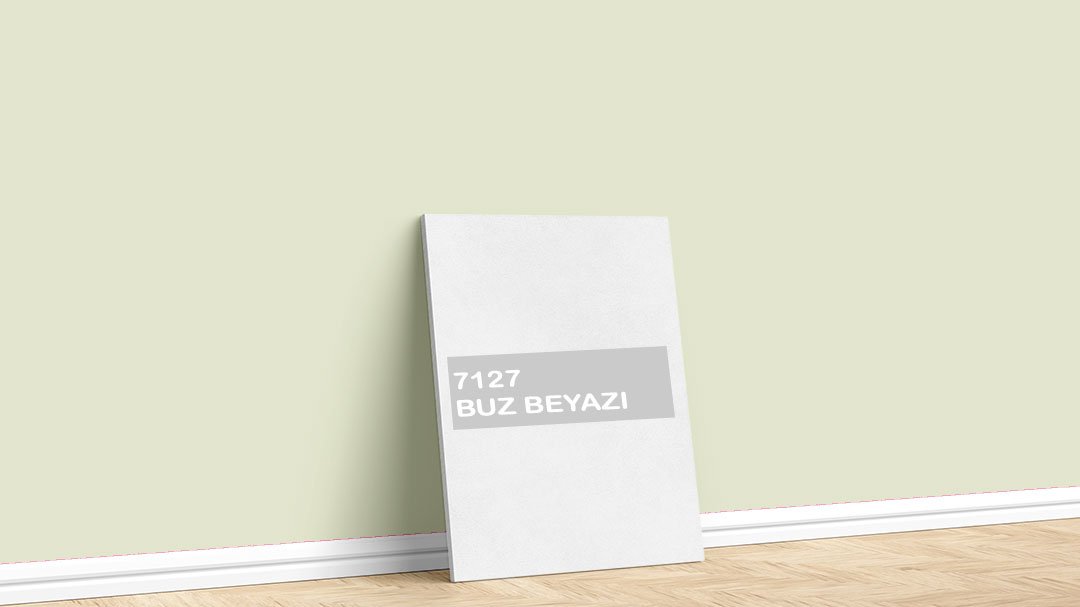 Görselde, Dyo Yeşil / Haki iç cephe renk kartelasında bulunan 7127 Buz Beyazı isimli boya tonuyla boyadığımız bir duvar var.