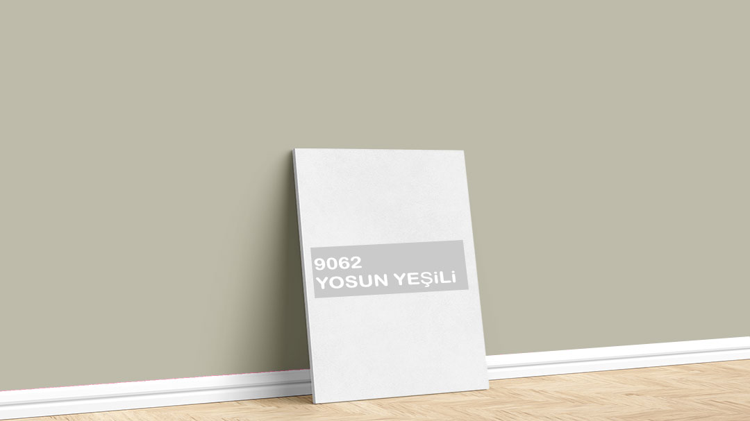 Görselde, Dyo Yeşil / Haki iç cephe renk kartelasında bulunan 9062 Yosun Yeşili isimli boya tonuyla boyadığımız bir duvar var.