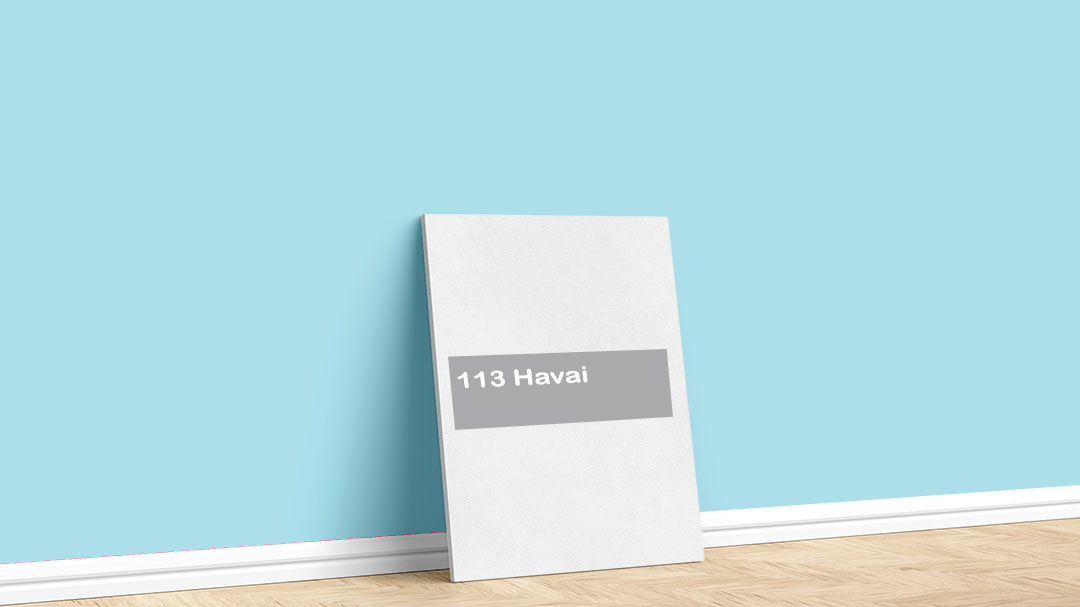 Görselde, Permolit su bazlı iç cephe renk kartelasında bulunan 113 Havai isimli mavi boya ile boyadığımız bir duvar var.