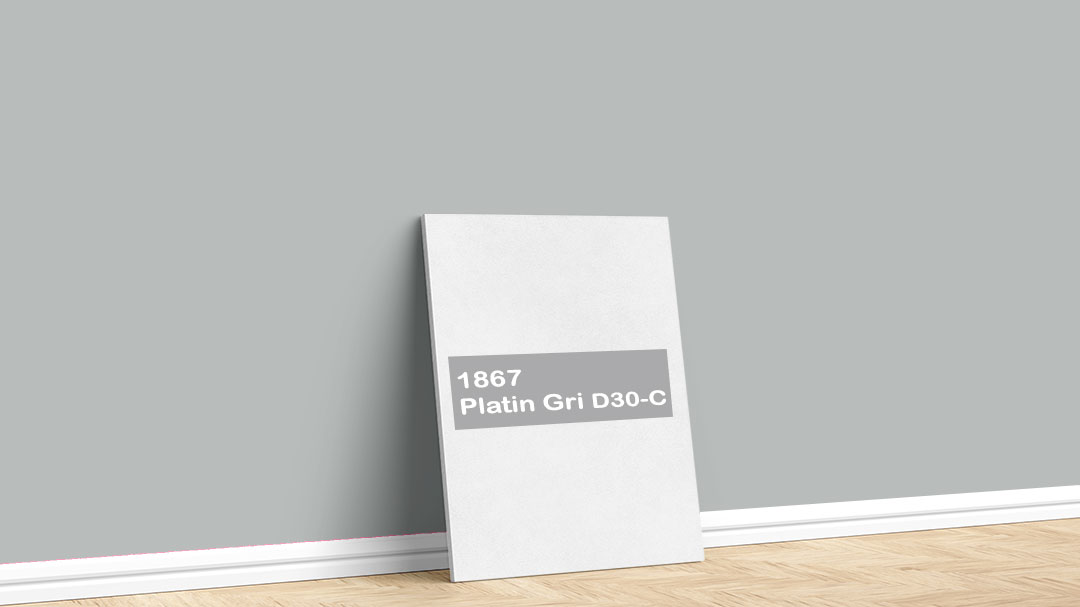 Görselde, Permolit su bazlı iç cephe renk kartelasında bulunan 1867 Platin Gri D30-C isimli boya ile boyadığımız bir duvar var.