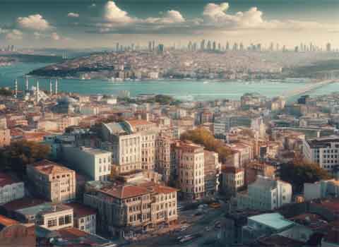 Görselde, binaları, camileri ve tarihi yapıları ile bezenmiş bir İstanbul Boğazı manzarası var.