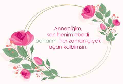 Arka planda mor lalelerin olduğu bu görselde, Anneler Günü'ne özel yazdığımız kısa bir söz var.