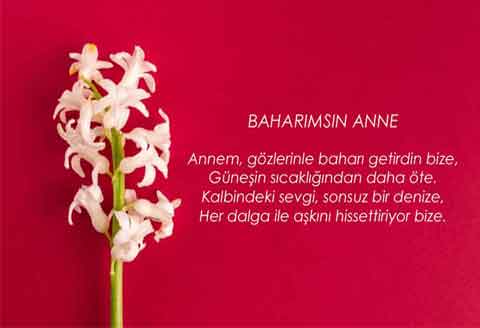 Görselde, Anneler Günü için yazdığımız Baharımsın Anne başlıklı dört mısralık kısa bir şiir var.
