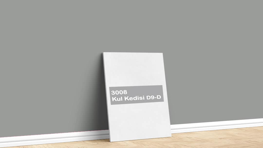 Görselde, Permolit su bazlı iç cephe renk kartelasında bulunan 3008 Kul Kedisi D9-D isimli boya ile boyadığımız bir duvar var.