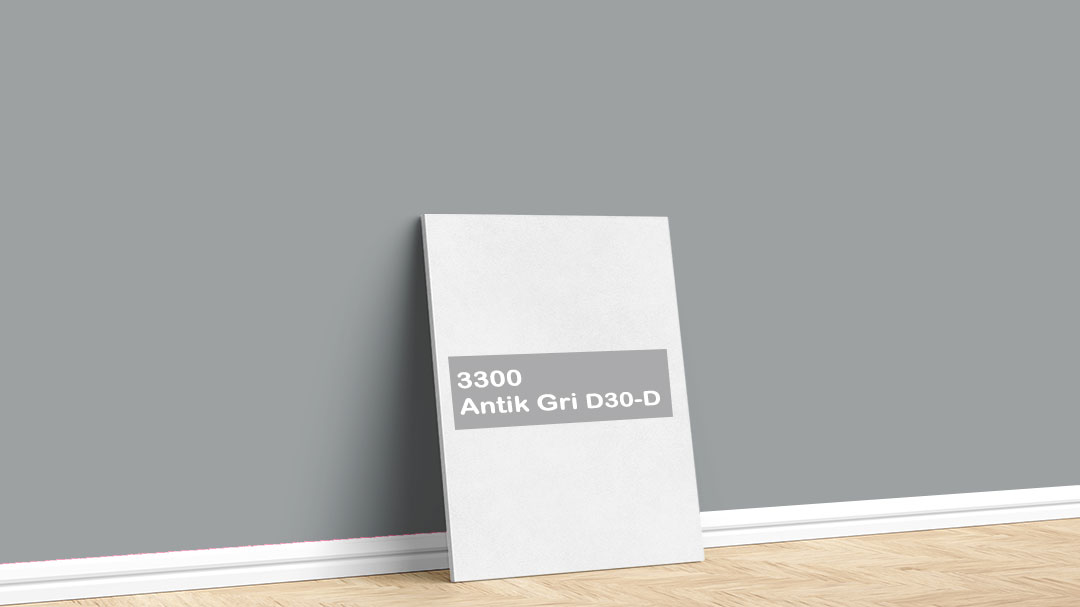 Görselde, Permolit su bazlı iç cephe renk kartelasında bulunan 3300 Antik Gri D30-D isimli boya ile boyadığımız bir duvar var.
