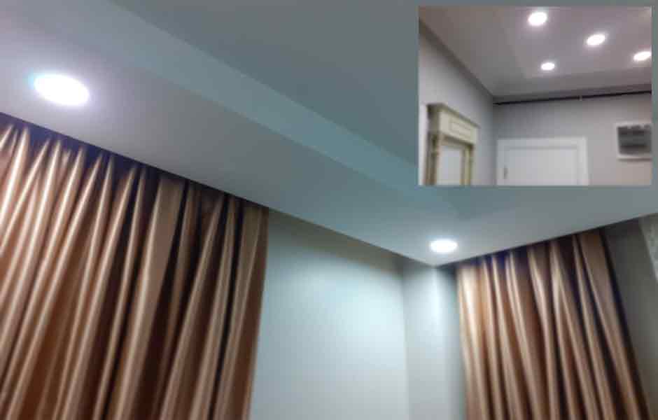 Görselde, İstanbul boyacı ustası Boyacıyım ekibi olarak led aydınlatmalı alçıpan tavan uygulamalarımızdan oluşan bir kolaj var.