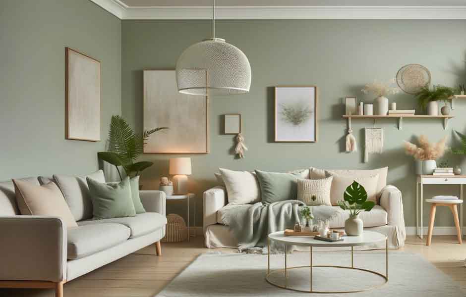 Görselde, adaçayı yeşili duvar boyası rengi ile boyanmış bir oturma odası var.